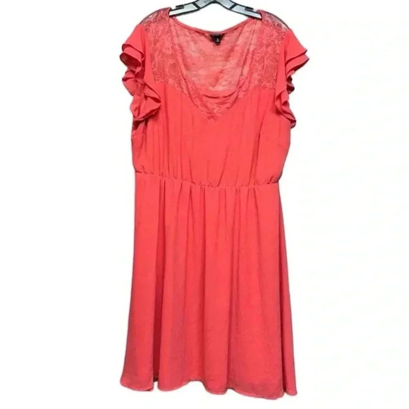 Torrid Coral A-Line Midi Dress Size 3 Lace Ruffle Sleeves V-Neck - Picture 3 of 6